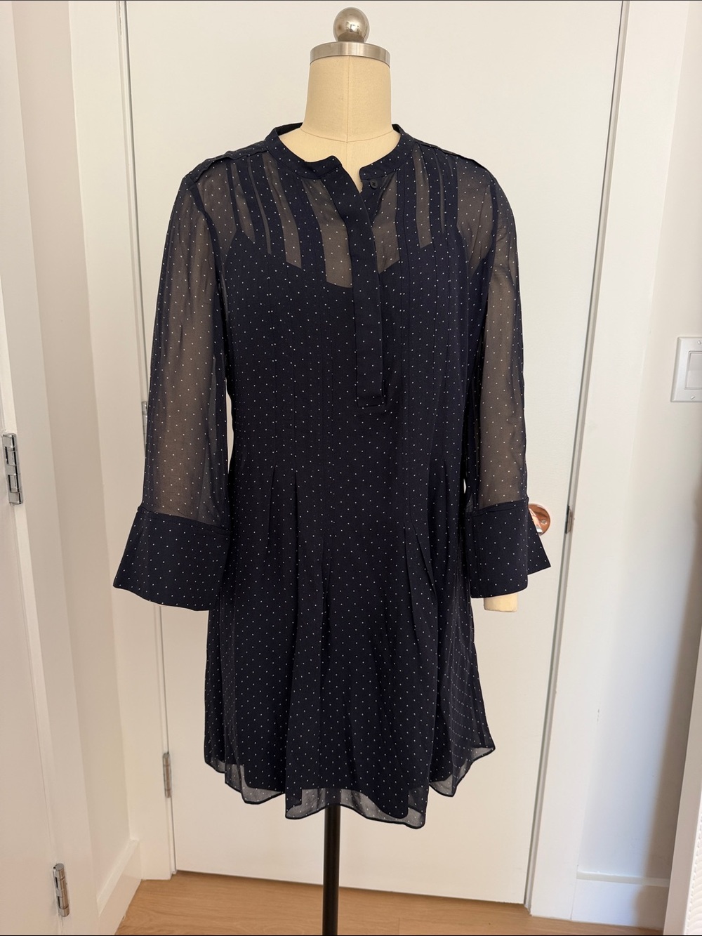 Club Monaco Navy Polka Dot Long Sleeve Dress